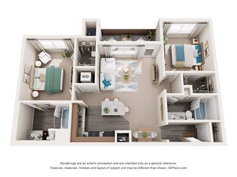 Floor plan for 2 beds, 2 baths, 1033 sqft